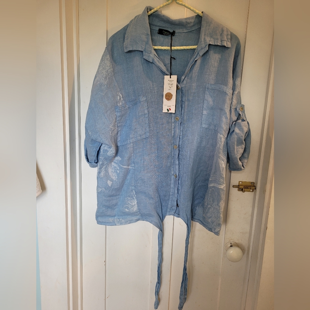 Light Blue Button-Front Women's Shirt Jumpsuit